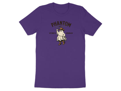 Purple t-shirt with a cartoon ghost wearing a cowboy hat and boots, holding a lasso.