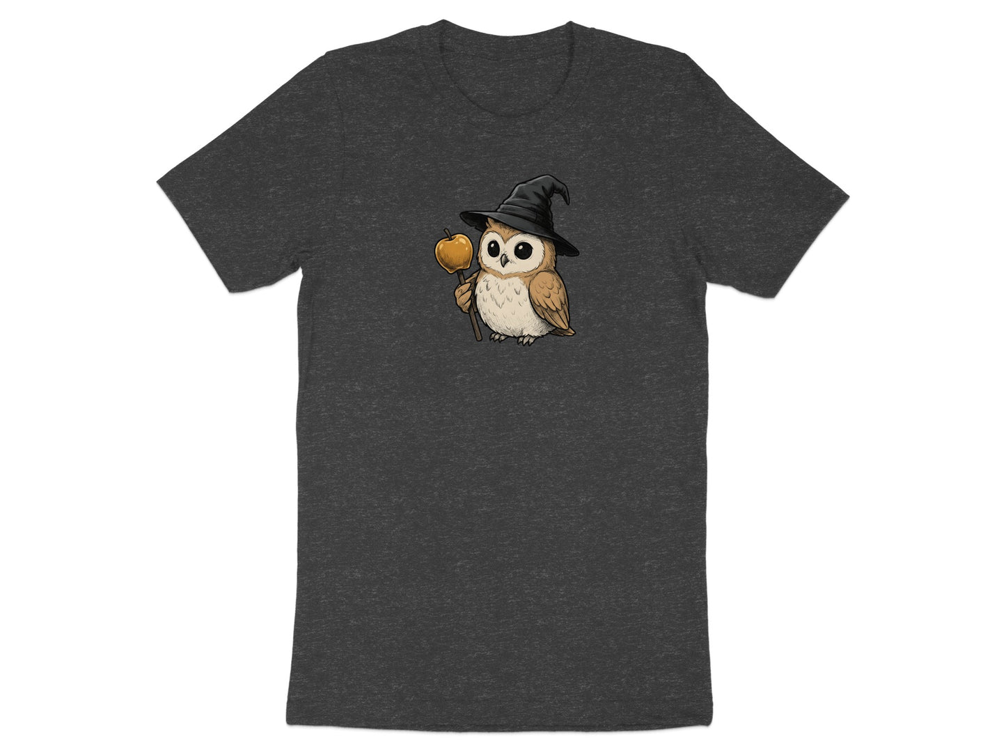 Dark gray t-shirt with cartoon owl wearing witch hat and holding caramel apple.