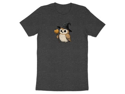 Dark gray t-shirt with cartoon owl wearing witch hat and holding caramel apple.