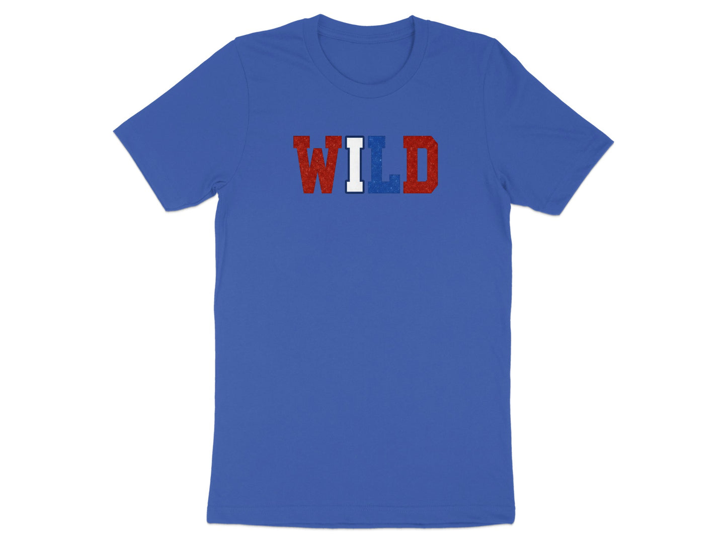 Royal blue t-shirt with "WILD" text in glittery red, white, and blue.