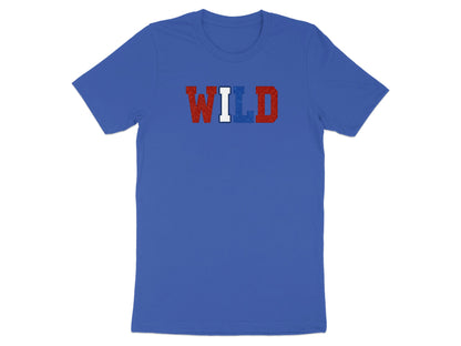 Royal blue t-shirt with "WILD" text in glittery red, white, and blue.