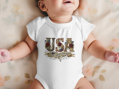 Baby wearing white onesie with "USA 250th Anniversary" text and decorative banner.