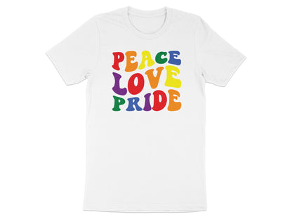 White t-shirt with "PEACE LOVE PRIDE" in rainbow block letters.