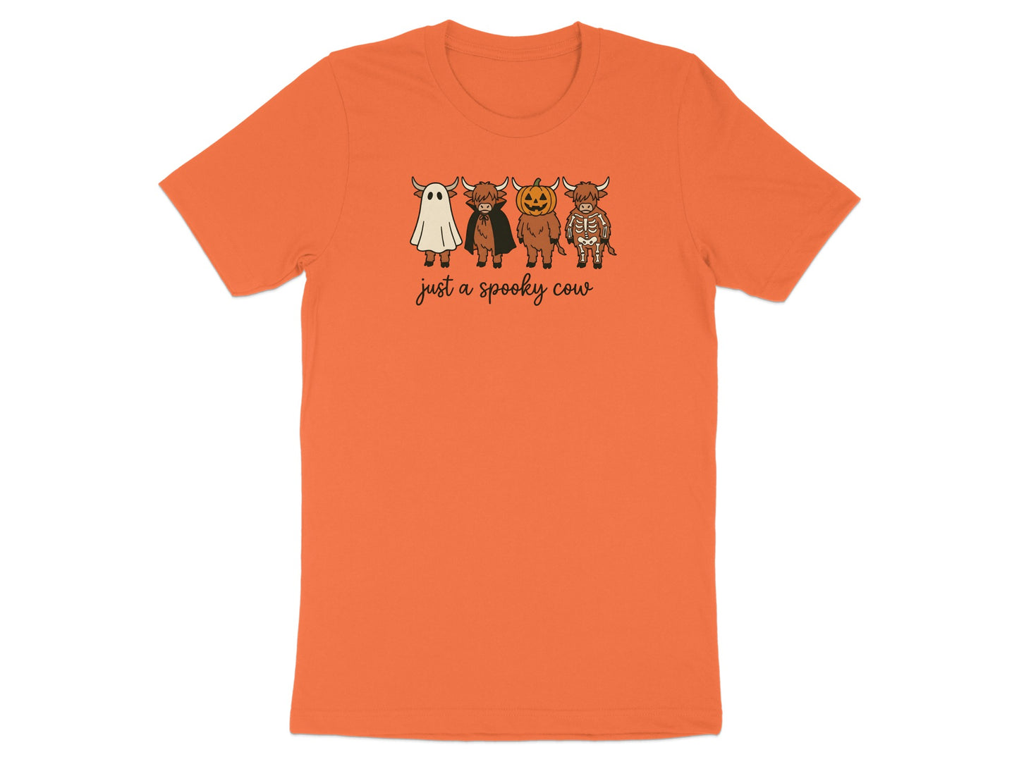 Orange t-shirt with spooky highland cows dressed as a ghost, vampire, pumpkin and skeleton.