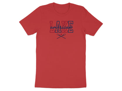 Red t-shirt with "LAKE AMERICAN" text and crossed oars graphic.