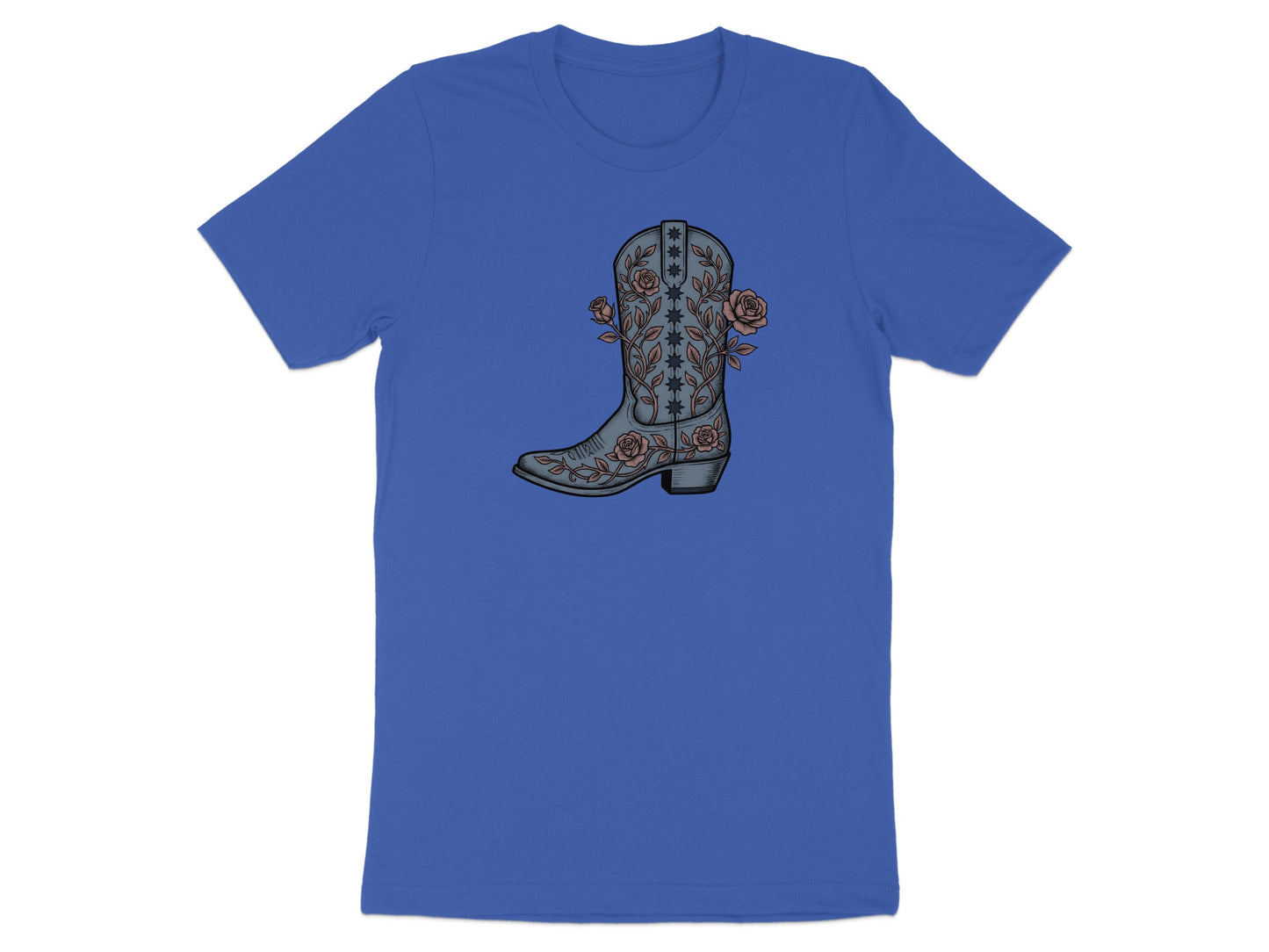 Blue t-shirt with cowboy boot and rose floral design.