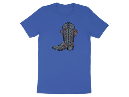 Blue t-shirt with cowboy boot and rose floral design.