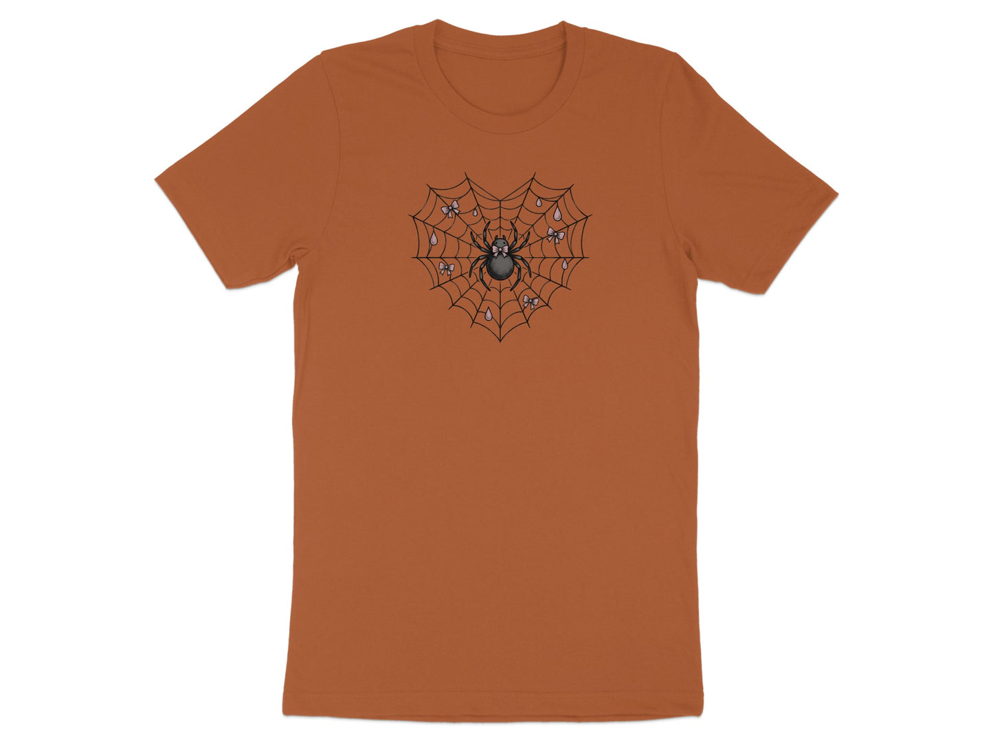 Orange t-shirt with a Halloween spiderweb design featuring a spider and pink bows.