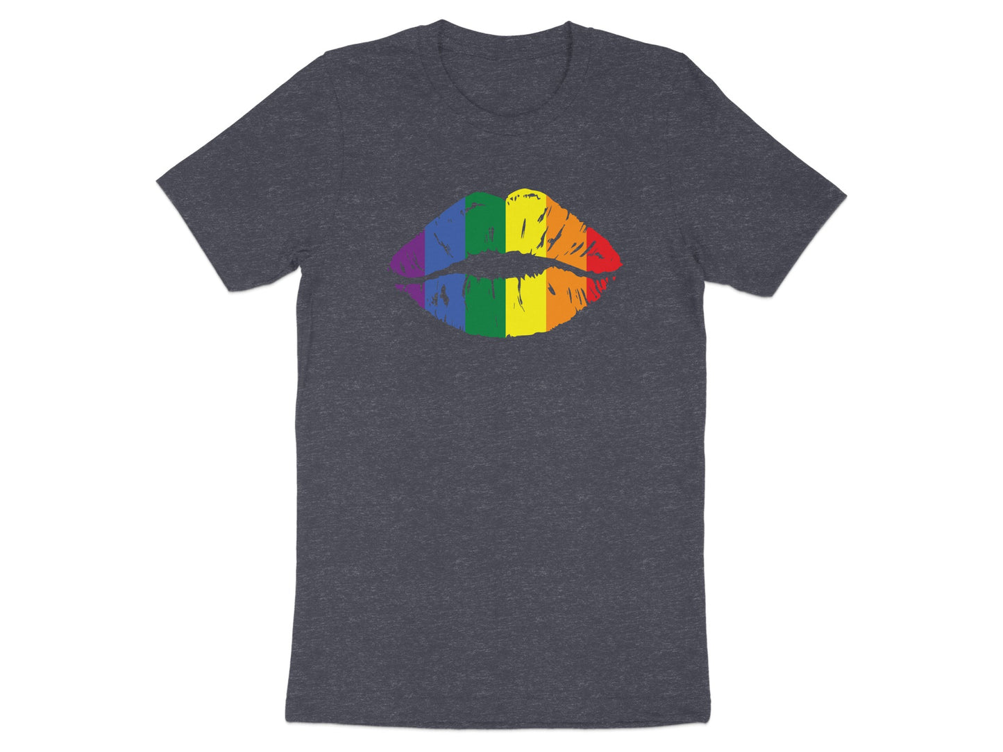 Dark t-shirt with rainbow-colored lips design.