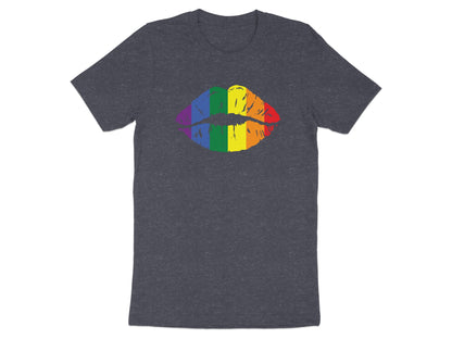 Dark t-shirt with rainbow-colored lips design.