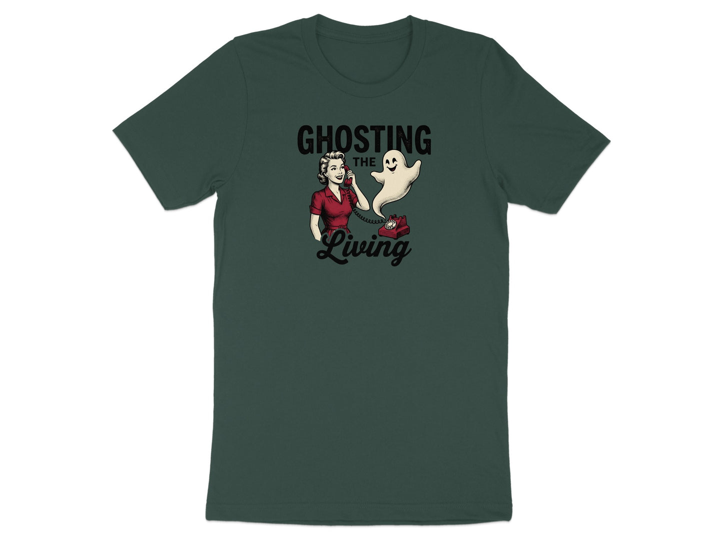 Ghosting the Living retro cartoon with a woman on the phone and a ghost.
