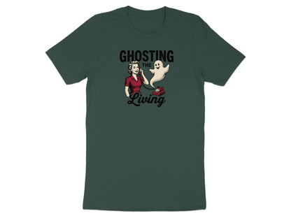 Ghosting the Living retro cartoon with a woman on the phone and a ghost.