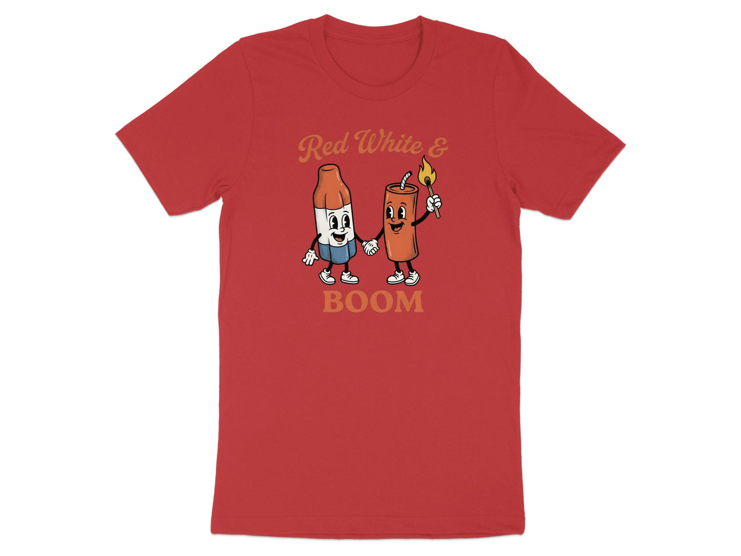 Cartoon firecracker and crayon holding hands with "Red White & Boom" text.