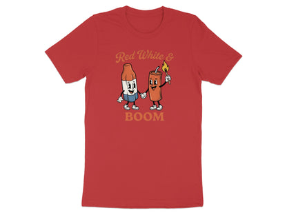Cartoon firecracker and crayon holding hands with "Red White & Boom" text.