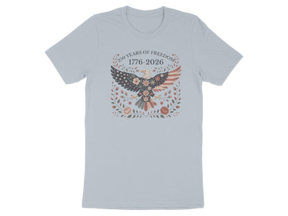 Light blue t-shirt with a floral eagle design and "250 Years of Freedom 1776-2026".