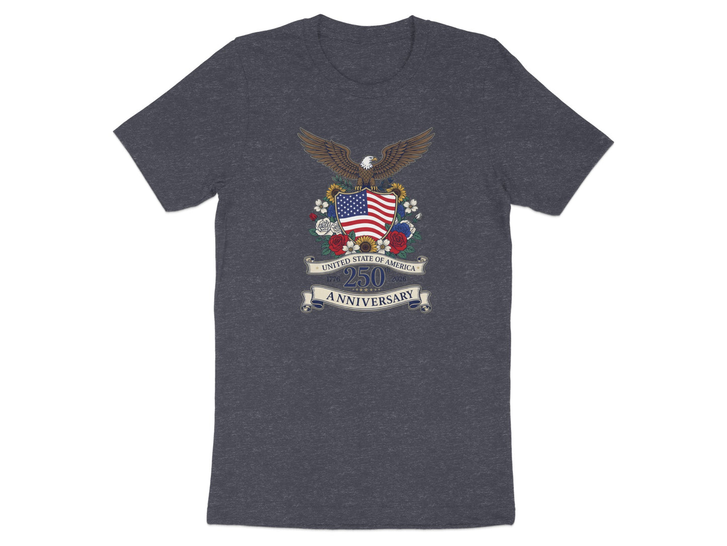 Dark t-shirt with American eagle, shield, flowers, and "250th Anniversary" text.