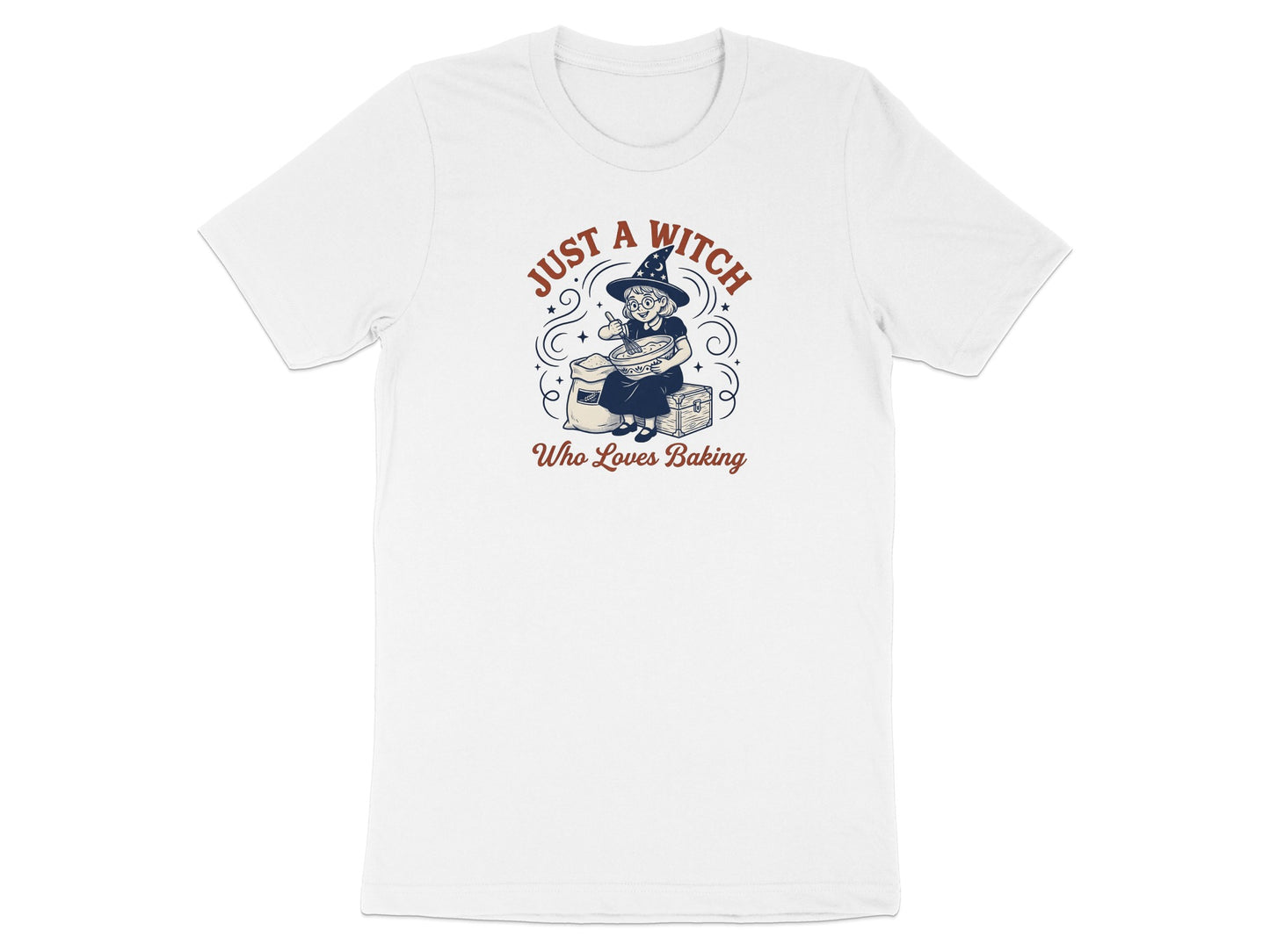 White t-shirt with a witch baking graphic and text "Just A Witch Who Loves Baking".