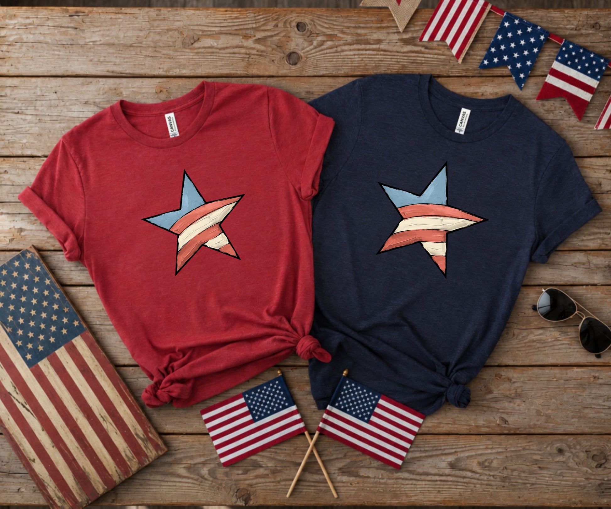 Two patriotic star t-shirts with American flag accents.