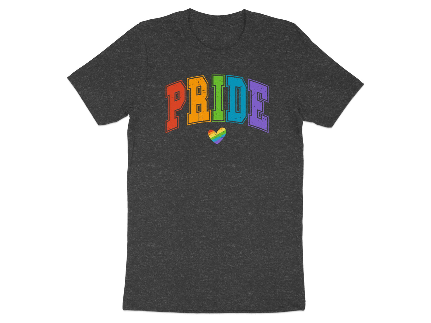 Charcoal t-shirt with "PRIDE" in rainbow colors and a small rainbow heart.