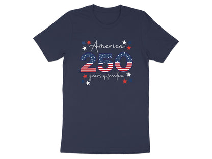 Navy t-shirt with "America 250 years of freedom" text in red, white, and blue.