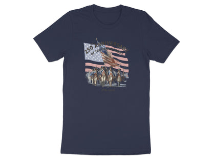Navy t-shirt featuring a historical illustration of soldiers with an American flag and text.