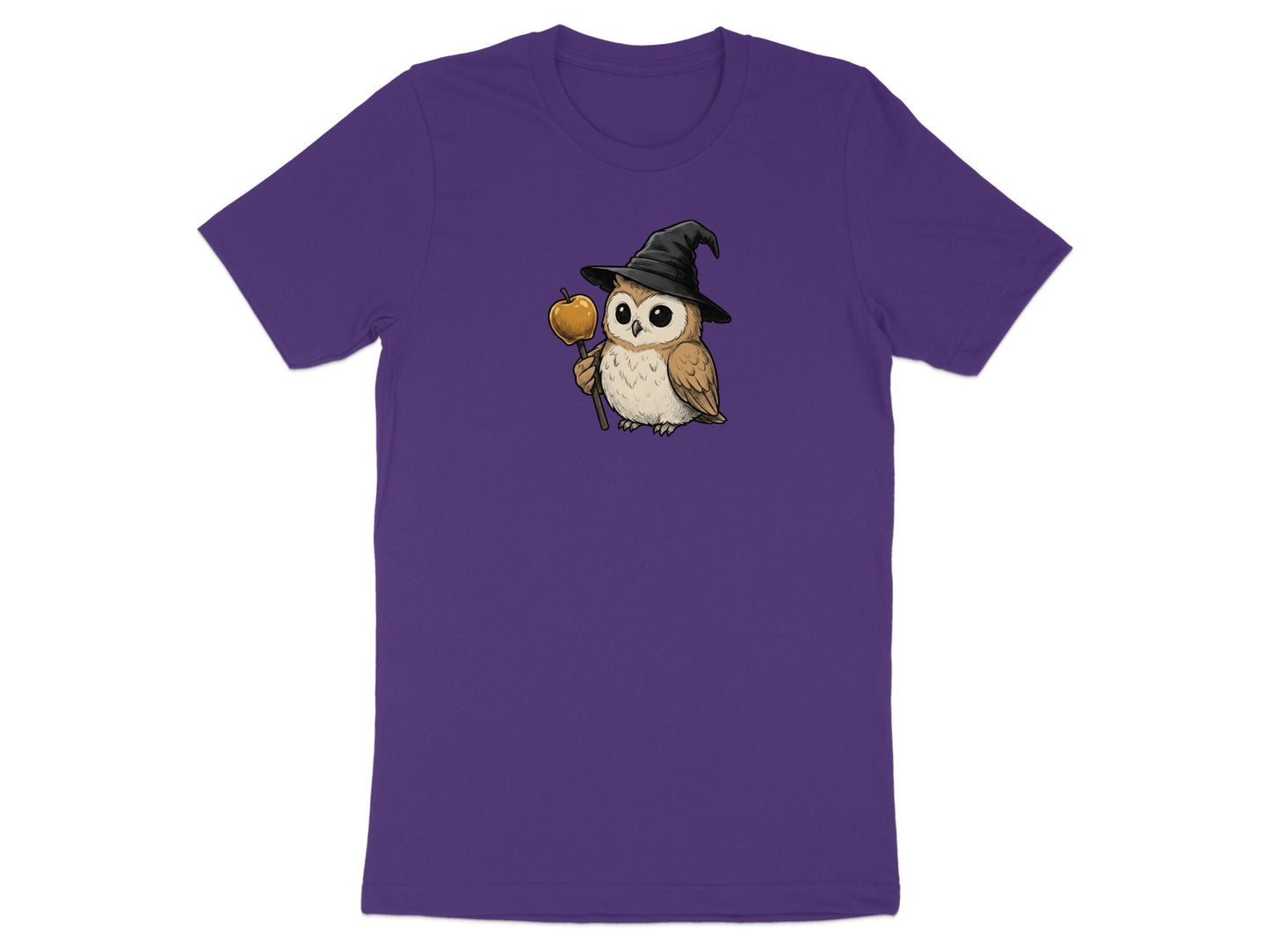 Purple t-shirt with a cartoon owl wearing a witch hat and holding an apple.