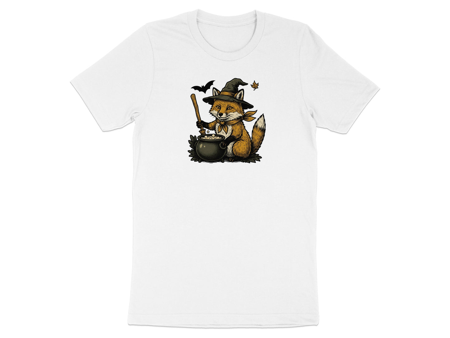 Fox in witch hat stirring cauldron with bats and falling leaf.
