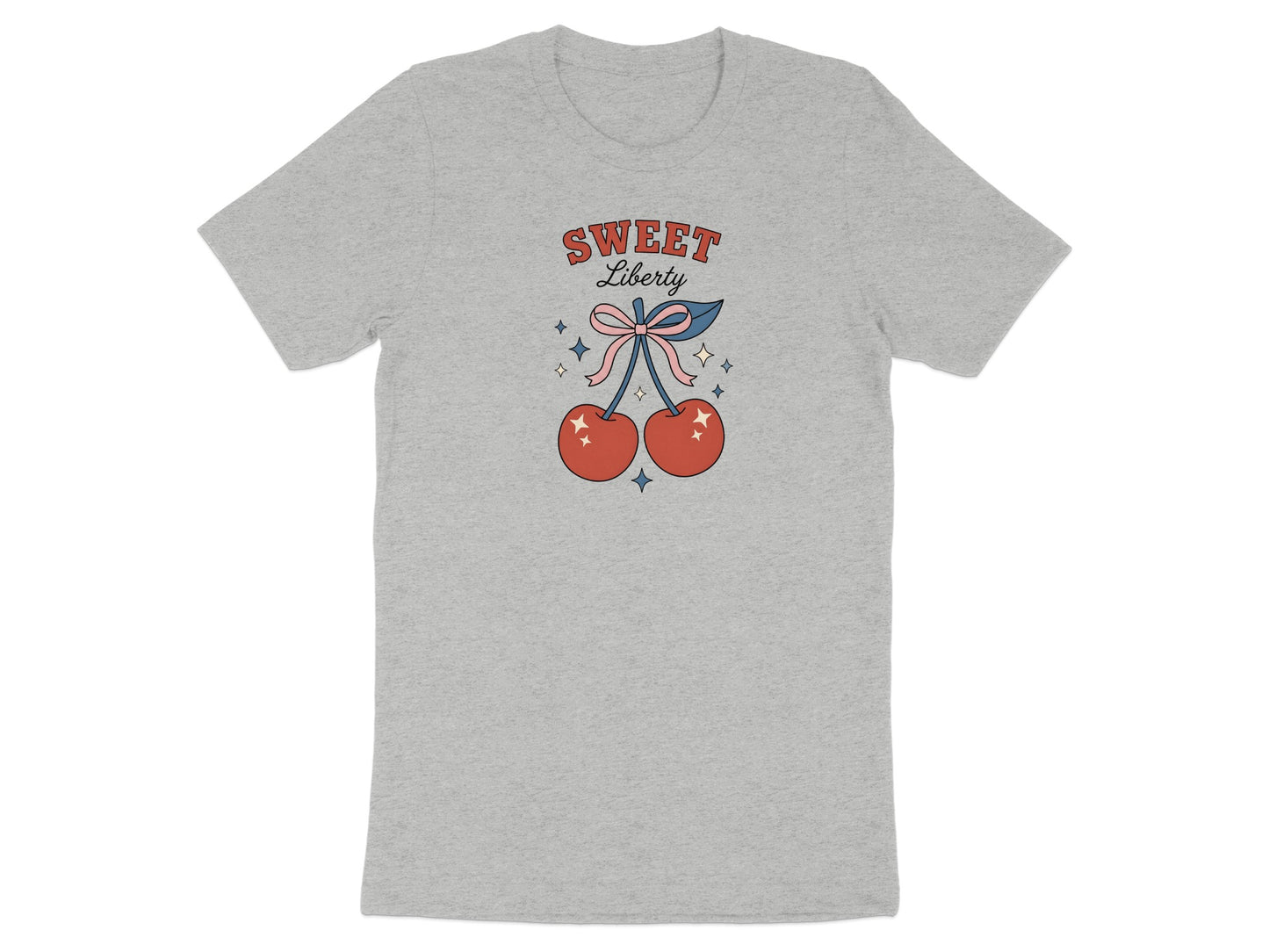 Gray t-shirt with red cherries, "Sweet Liberty" text, and stars graphic.