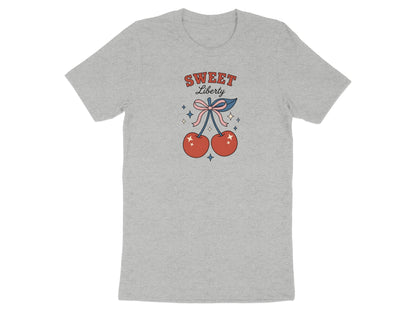 Gray t-shirt with red cherries, "Sweet Liberty" text, and stars graphic.