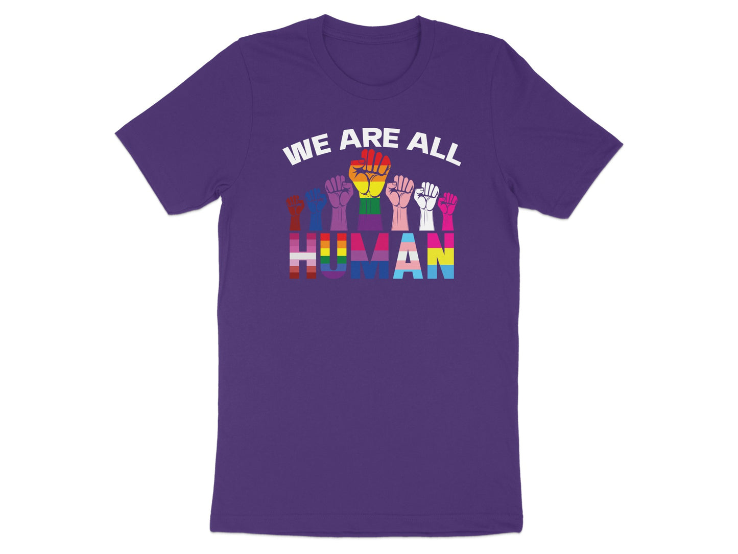Purple t-shirt with "WE ARE ALL HUMAN" and rainbow pride flag fists.