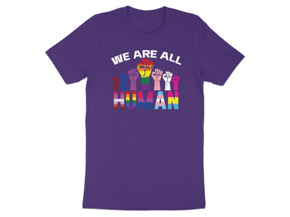 Purple t-shirt with "WE ARE ALL HUMAN" and rainbow pride flag fists.
