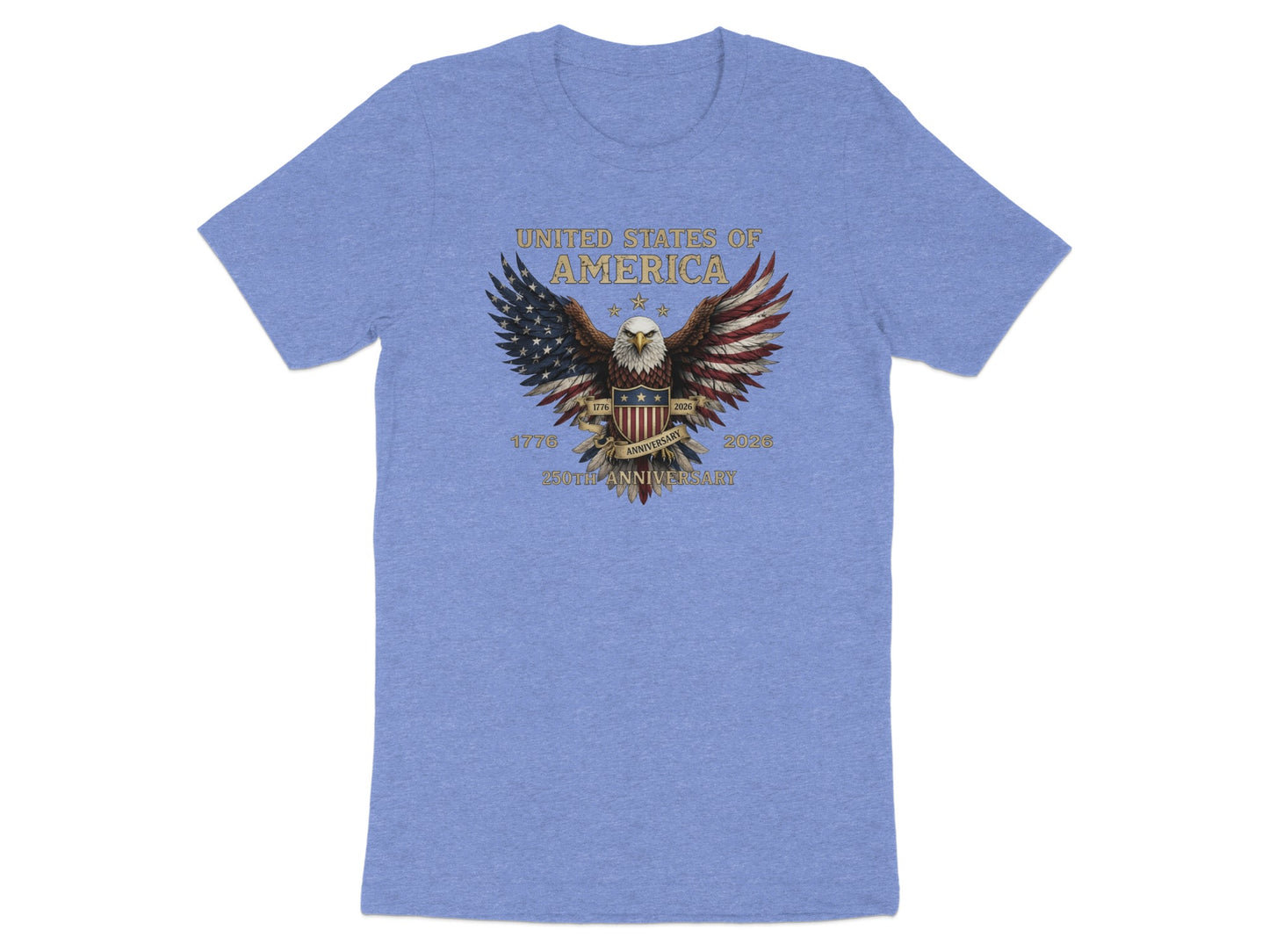 Blue t-shirt with eagle, American flag, and "United States of America 1776 2026 250th Anniversary" text.