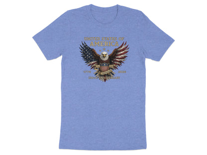Blue t-shirt with eagle, American flag, and "United States of America 1776 2026 250th Anniversary" text.