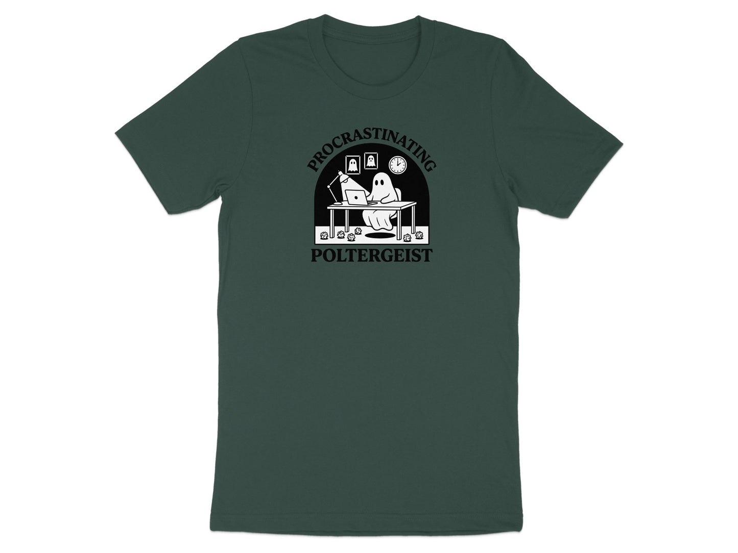 Dark green t-shirt with a graphic of a ghost at a desk with the words "Procrastinating Poltergeist."