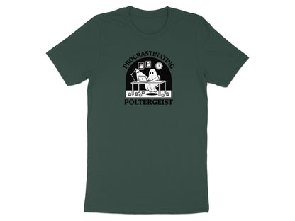 Dark green t-shirt with a graphic of a ghost at a desk with the words "Procrastinating Poltergeist."