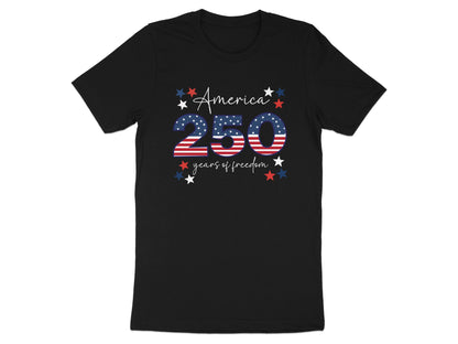 Black t-shirt with "America 250 years of freedom" in red, white, and blue.