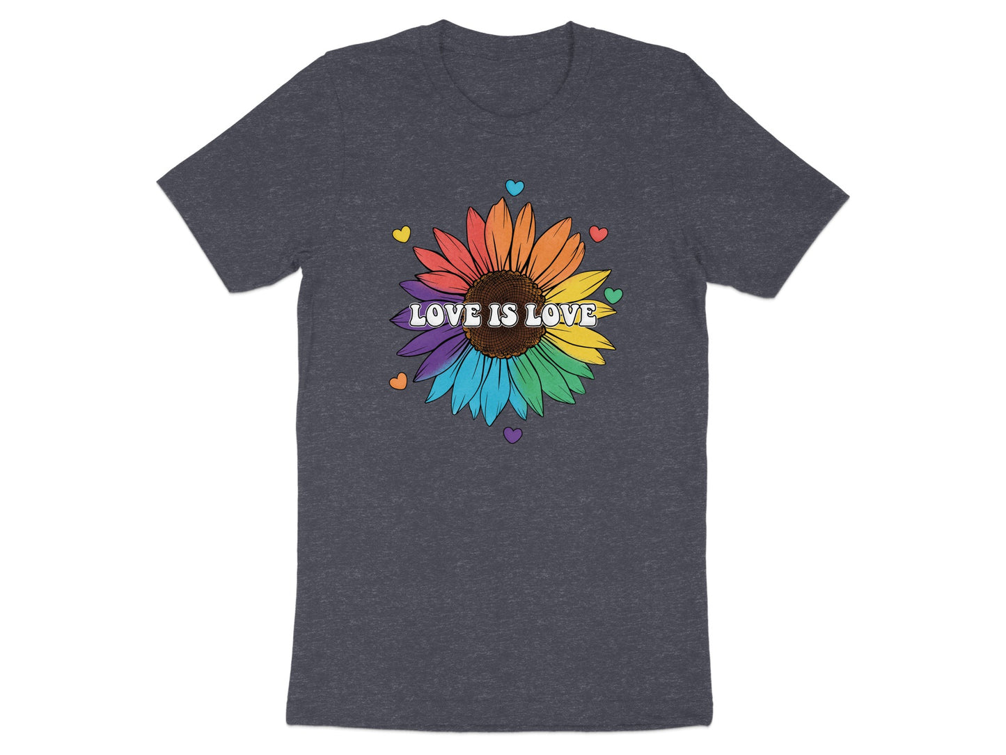 Dark gray t-shirt with a colorful sunflower and "Love is Love" text.