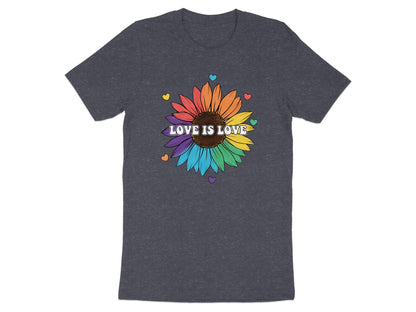 Dark gray t-shirt with a colorful sunflower and "Love is Love" text.