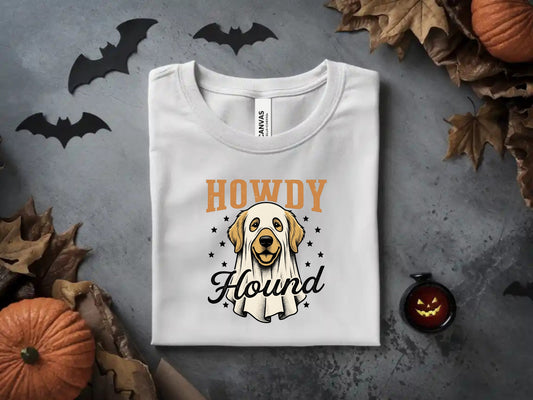 White t-shirt with "Howdy Hound" text and dog wearing a ghost costume.