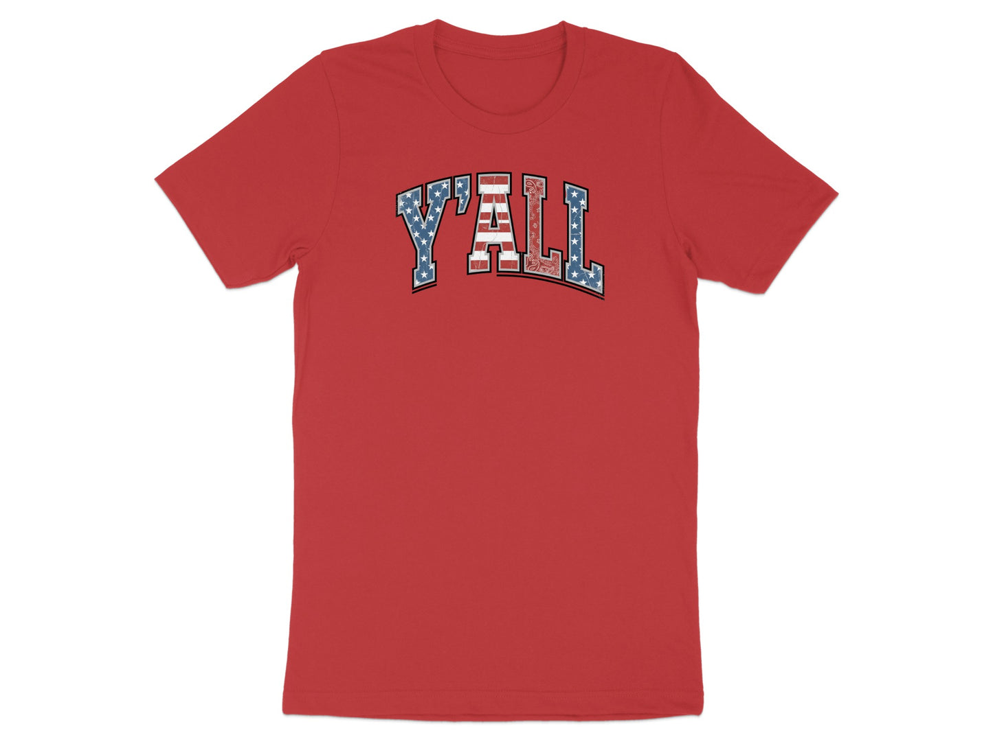 Red t-shirt with "Y'ALL" in distressed American flag lettering.