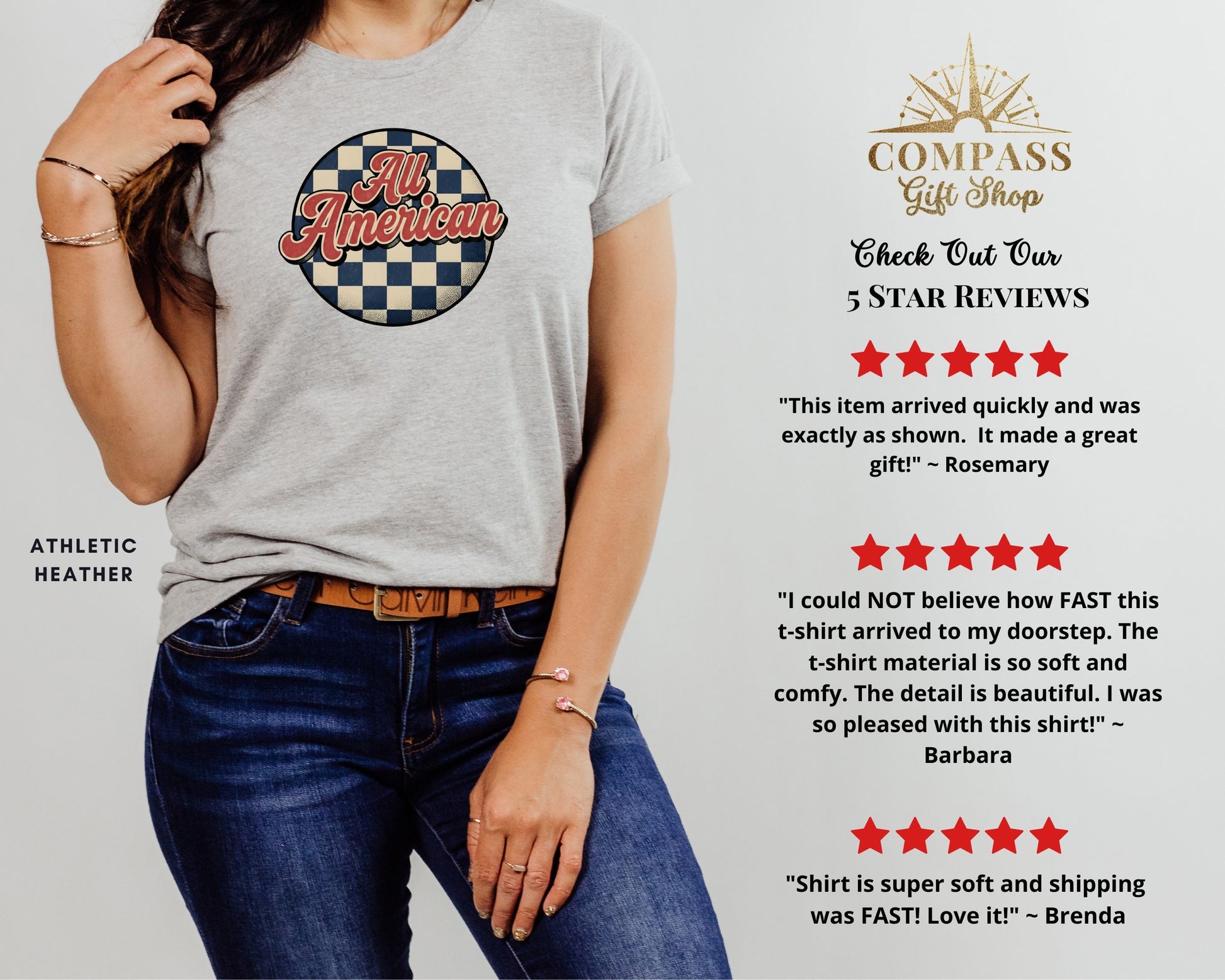 Gray t-shirt with "All American" graphic and checkerboard design.