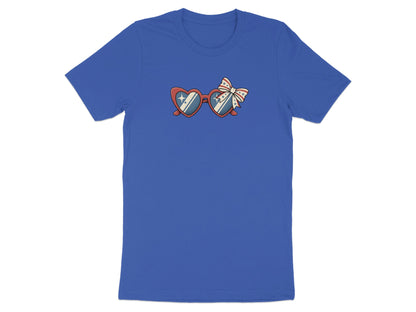 Blue t-shirt featuring heart-shaped sunglasses with patriotic stars and stripes design.