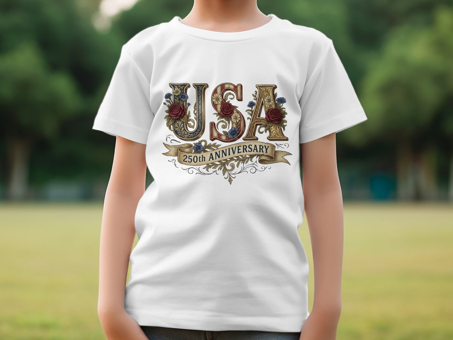 White t-shirt with "USA 250th Anniversary" ornate text and floral design.