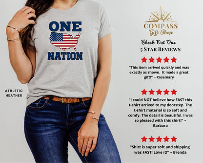 Gray t-shirt with "ONE NATION" graphic, on a person, with customer reviews.