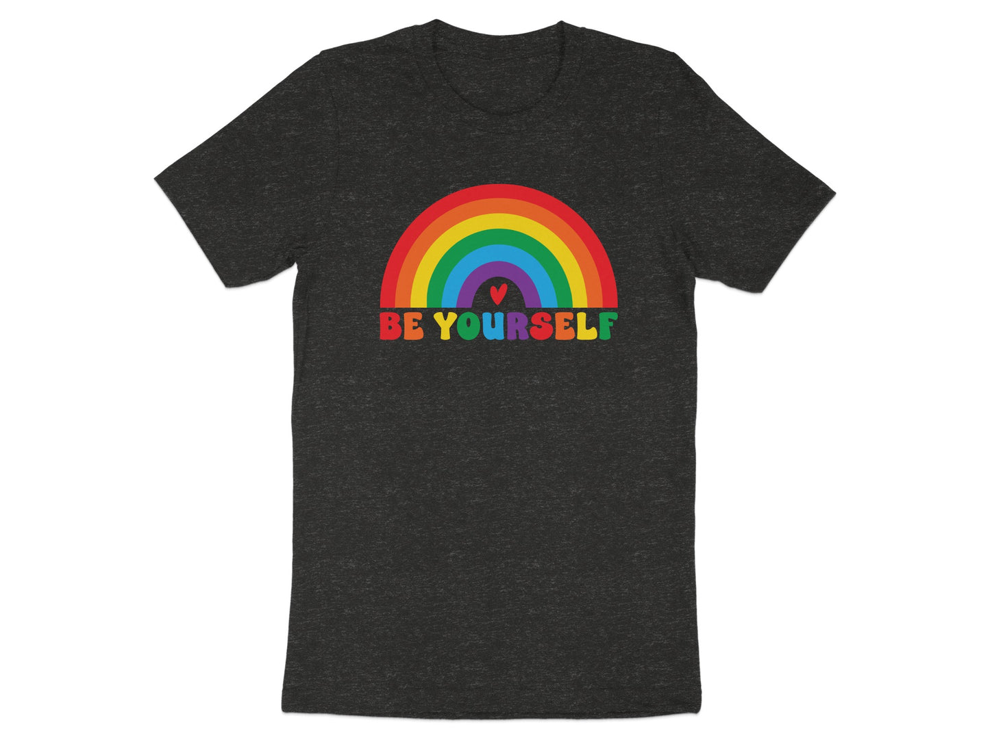 Dark grey t-shirt with rainbow and "BE YOURSELF" text.