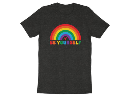 Dark grey t-shirt with rainbow and "BE YOURSELF" text.