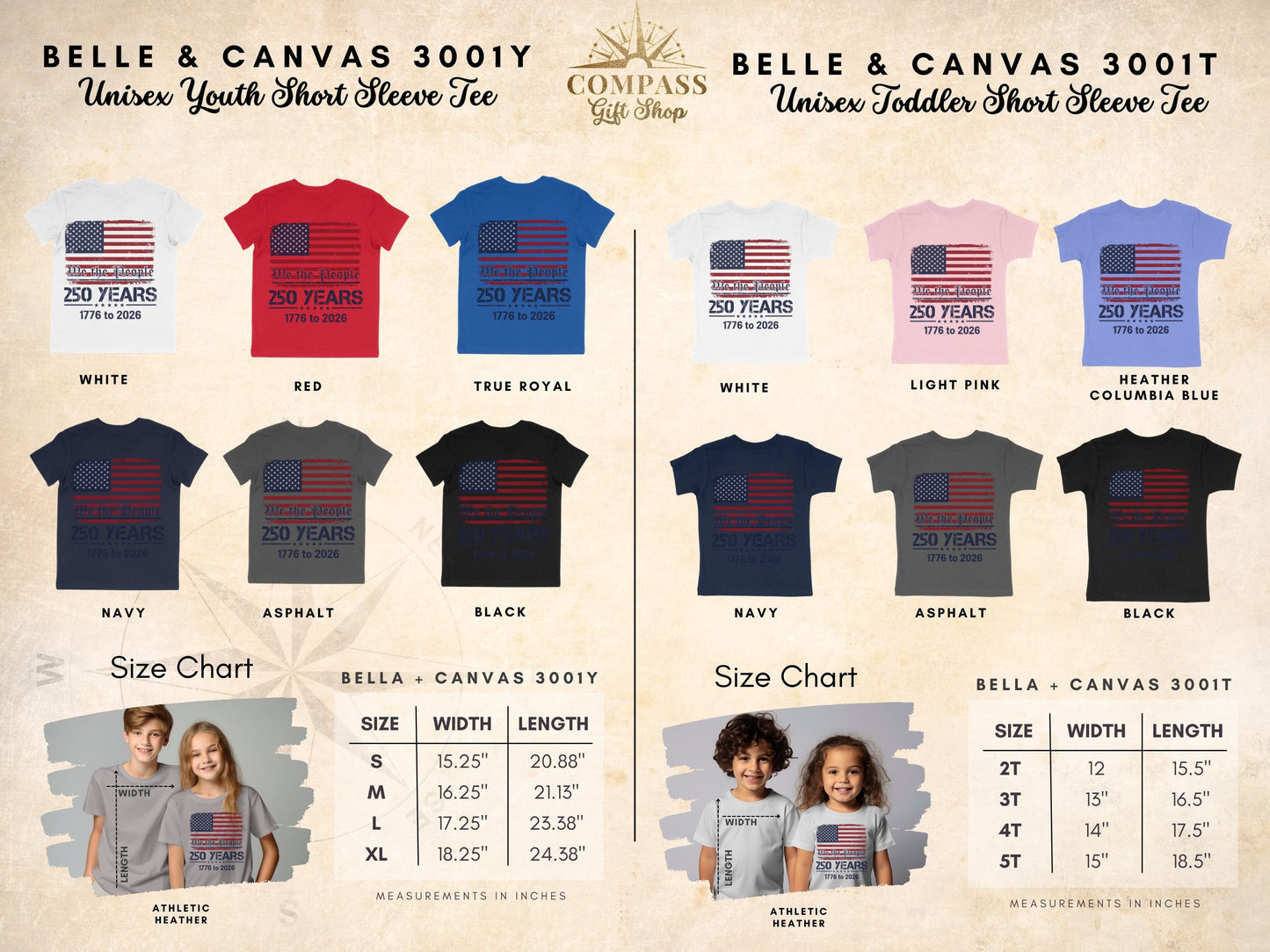 Youth and toddler t-shirts with "We the People 250 Years 1776 to 2026" graphic and size charts.
