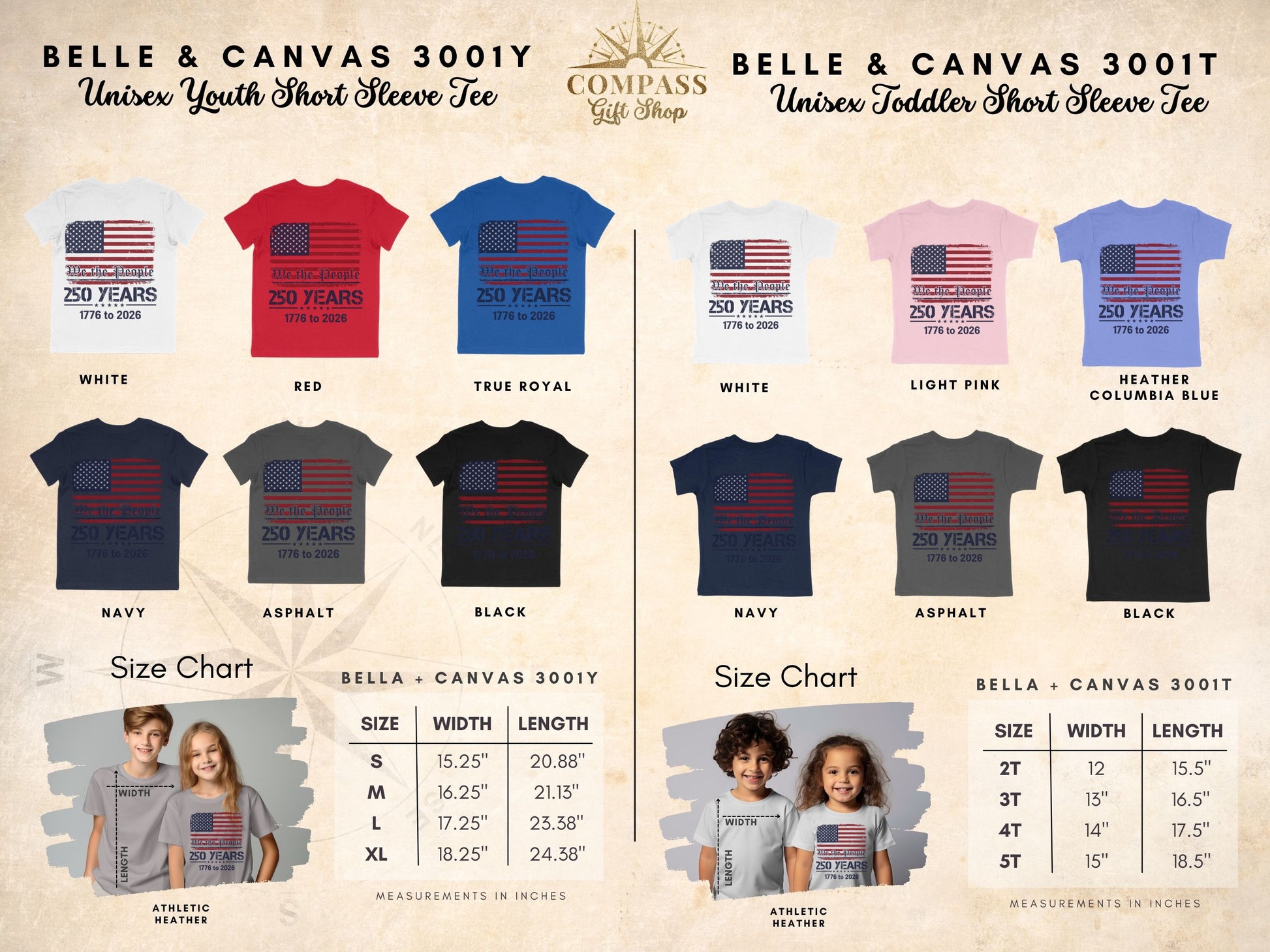 Youth and toddler t-shirts with "We the People 250 Years 1776 to 2026" graphic and size charts.