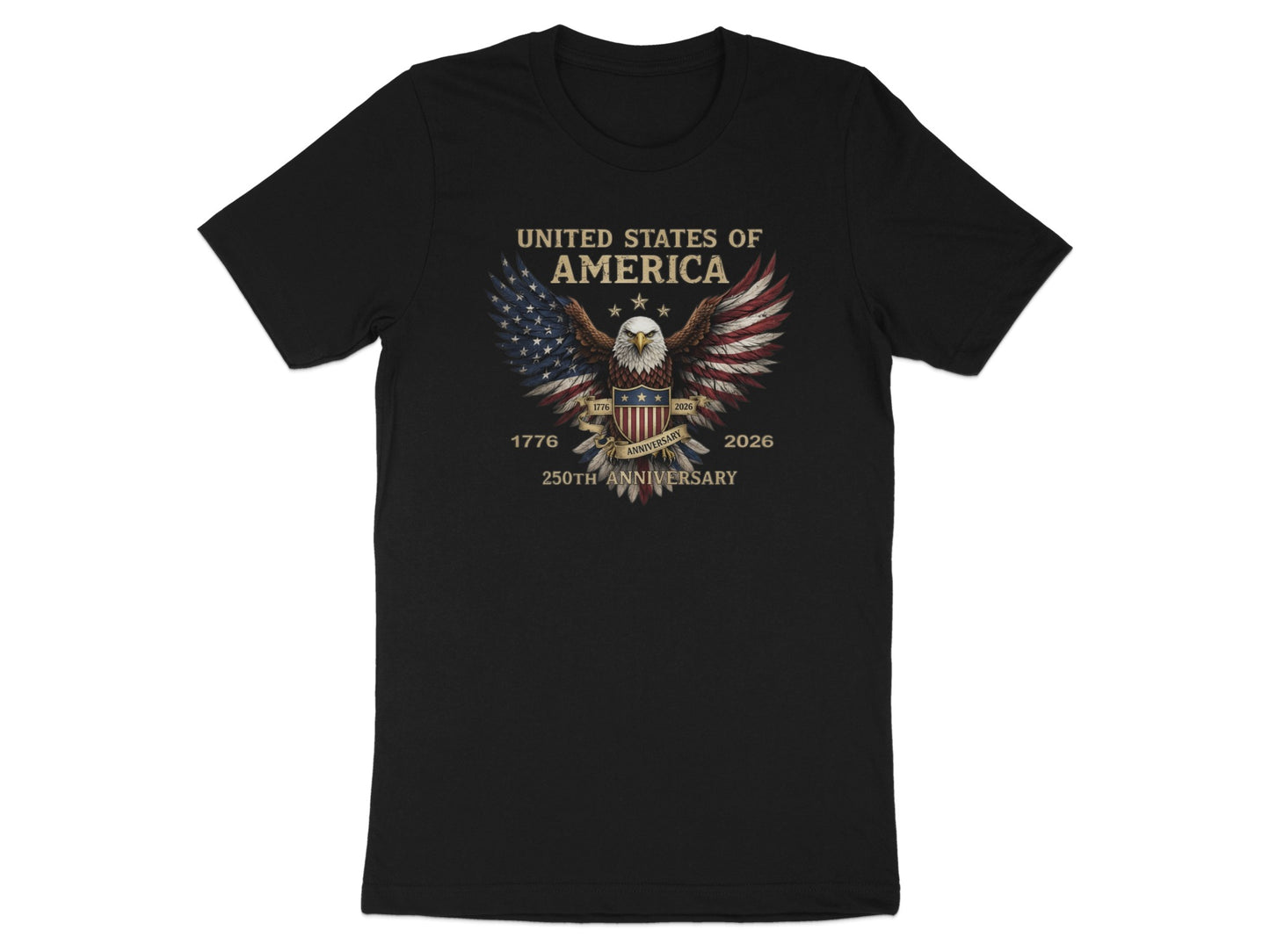 Black t-shirt with eagle and USA 250th anniversary text.