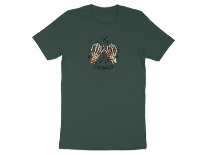 Dark green t-shirt with skeleton hands pinky-swearing and the word "Eternally"